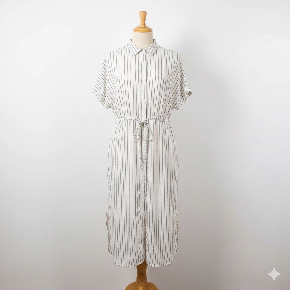 A New Day Button-Front Striped Shirt Dress with Drawstring Waist - White/Black